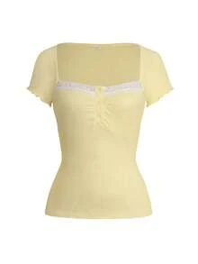 Y2K Cream Yellow Sweet Casual Minimalist School Style Fitted Solid Color Lace Patchwork Square Neck Short Sleeve Knit T-Shirt Top, Summer Women Clothing - Yellow - View 3