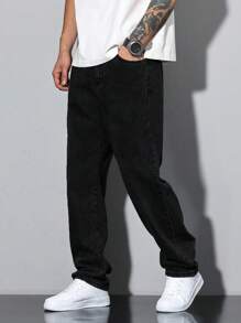 Cotton Straight Leg Washed Jeans With Slanted Pockets, Versatile Wide-Leg Washed Jeans, Loose Straight Fit Couples Style