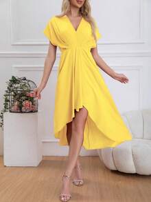 Vestido largo con escote en V para mujer, la falda es corta por delante y larga por detrás, diseño irregular, moderno, retro, elegante y atmosférico. - Amarillo - Ver 4