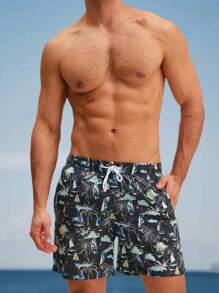 Men Swimming Trunks, Drawstring Elastic Waist Sailboat/Leaves/Tree Print Summer Beach Shorts Swimwear