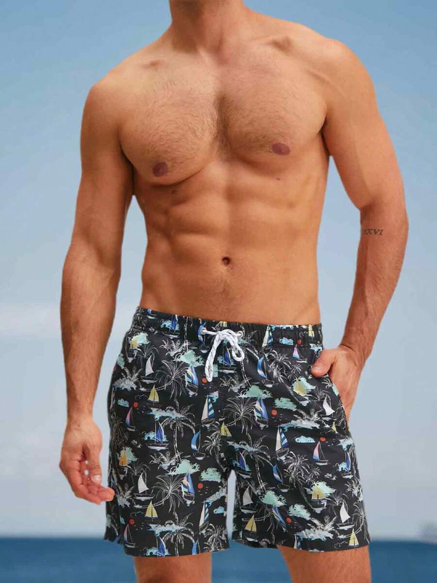 Men Swimming Trunks, Drawstring Elastic Waist Sailboat/Leaves/Tree Print Summer Beach Shorts Swimwear