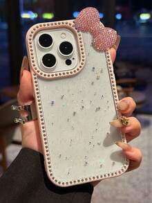 蝴蝶结奢华闪亮水钻蝴蝶结环氧闪光透明手机壳适用于 16 Pro Max 15 14 13 防震保护保险杠硬质亚克力外壳防水防摔防刮 - 粉色 - 查看 3