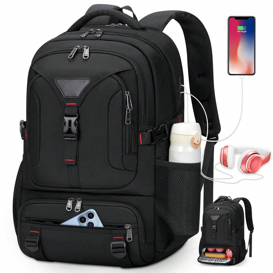 Mochilas para Hombre con Lonchera Mochila para Laptop 16 17.3 Pulgadas Mochila de Viaje con Carga USb Mochila Negra de Trabajo Mochilas Lonchera Impermeable