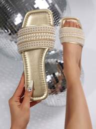 Plus Size 41 Gold Women's Slide Sandals, Spring/Summer New Arrival, Square Toe Flat Sandals, Fashion Rhinestone Strap Slip-On, Suitable For Dresses, Beautiful Girl Summer Beach Shoes, Non-Slip House Slippers, Lovely Girl Plastic Slippers Size 43
