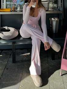 Yoga Sets Y2k Two Piece Workout Sets For Women Casual Solid Color Long Sleeve Workout Tops Cross Wrap Tie Deep V Neck Bandage Surplice Wrap Crop Top T Shirt And Elastic Flare Pants Set Skinny Bell Bottom Leggings Fitness Gym Athletic Sportswear Dance Ball