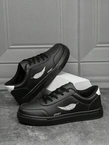 Men's Personalized Colorblock Letter Print Casual Shoes, Simple Versatile Outdoor Sports Lace-Up Flat Skateboard Sneakers - Black - View 5