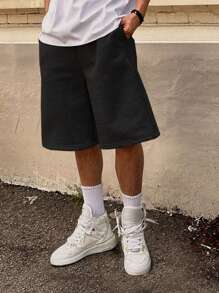 2 piezas Pantalones cortos tipo bermuda para niños preadolescentes, de un solo color, informal, para calle y uso diario, de estilo sencillo