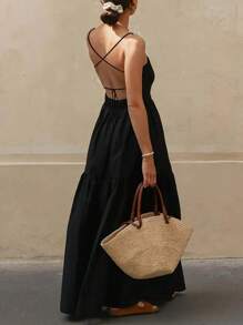 Vestido elegante de estilo vacacional sin espalda, vestido largo negro sexy con cordones para mujer