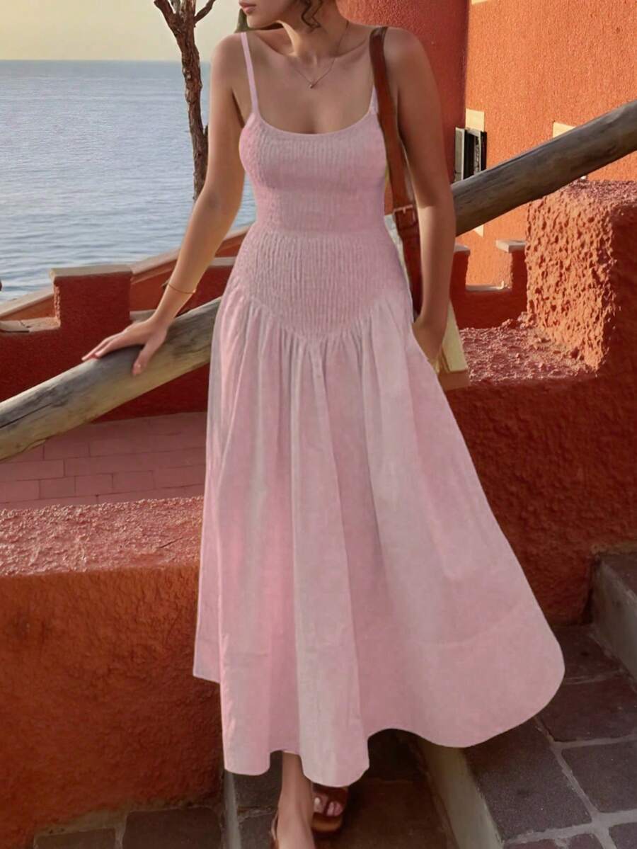 Solid Color Slimming Waistline Pear Shaped Blindly Wear Summer Beach Resort Dress For Women - Pink - View 1