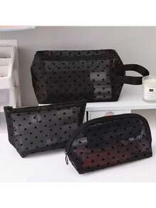 黑色植绒心形图案网眼化妆包，透明学生/旅行/洗漱用品收纳袋，多功能化妆包 - 黑色 - 查看 4