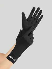 1 Pair Women's Mid-Length Sun Protection Gloves, Summer Breathable Anti-Slip Cycling Ice Silk Fingerless Flip Cover Gloves - Black - View 2