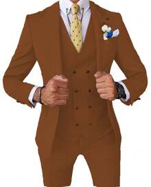 Three Pieces Mens Suit Formal Business Wedding Prom Suit Male Groom, Blazer+Vest+Pant, Slim Fit Tuxedo For Homecoming, Double Breasted, Long Sleeves - 棕色 - 查看 1