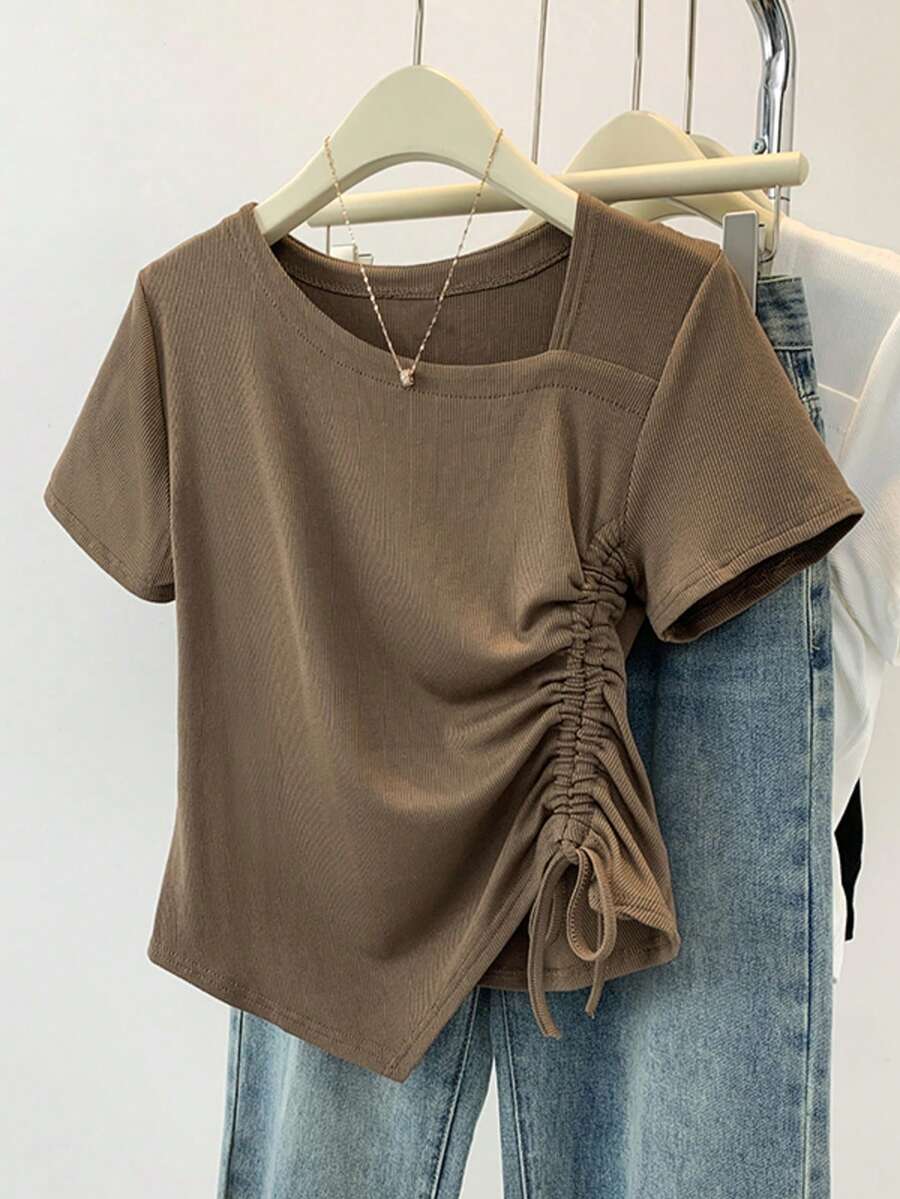 夏季新款休闲上衣，不对称设计和抽绳短袖 T 恤