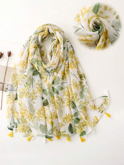 1条女士休闲花卉植物草印花流苏围巾，适合约会、旅行、度假搭配连衣裙
