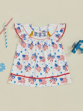 Vestido para niña pequeña del 4 de julio con estampado de estrellas y lazo, mangas abullonadas, cuello redondo, corte A para verano