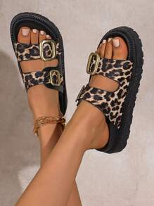 Women Buckle Decor PU Flat Sandals, Black, Leopard Print, Color Block, Platform Fashion Shoes, Beach Slide