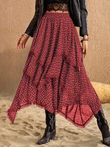 Rusttydustty 女士红色波点不对称层叠复古浪漫半身裙，适合假日、情人节、新年派对穿着 - 酒紅色 - 查看 4