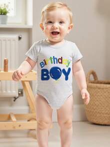 Baby Boys Rompers Birthday Clothes Letter Embroidery Summer Short Sleeve Bodysuits Jumpsuits - Grey - View 5