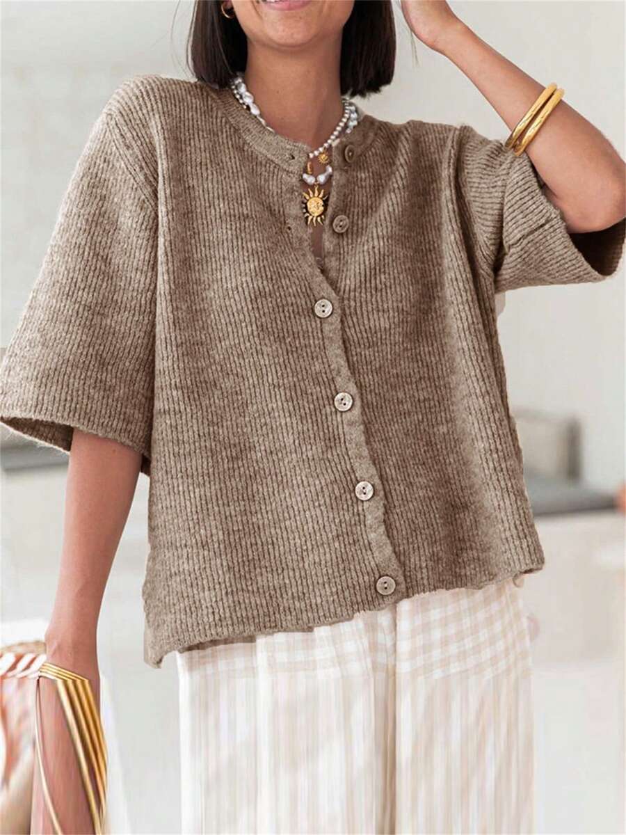 Women's Knit Cardigan Half Sleeve Round Neck Solid Color Button Up Knitwear - màu nâu - Xem 1