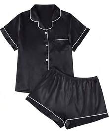 LILLUSORY Silk Satin Pajama Set Women 2 Piece Lounge Pjs Shorts Matching Summer Sleepwear Button Down Shirt Shorts Halloween - 黑色 - 查看 1