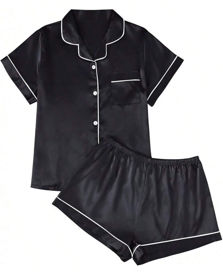LILLUSORY Silk Satin Pajama Set Women 2 Piece Lounge Pjs Shorts Matching Summer Sleepwear Button Down Shirt Shorts Halloween - 黑色 - 查看 1
