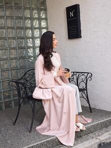 1pc Plain Elegant Casual Detailed Butterfly Tie-Up Abaya, Arab Dubai Fashion Saudi Long Robe Shawl, Suitable For Daily Wear And Gatherings, Modest Kaftan - Baby Pink - View 9