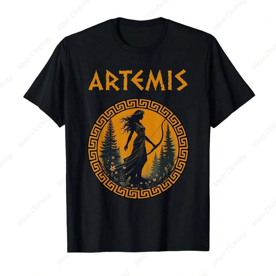 Artemis Greek Goddess Greek Mythology T-Shirt Retro Cool Print Shirt Pure Cotton Casual Clothes - Black - View 1