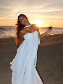 Women's Halter Neck Sexy Split Cocktail Party Maxi Long Formal Dress Summer Sleeveless Irregular Ruffled Hem Backless Holiday Beach Dress Clubwear Streetwear - White - View 6