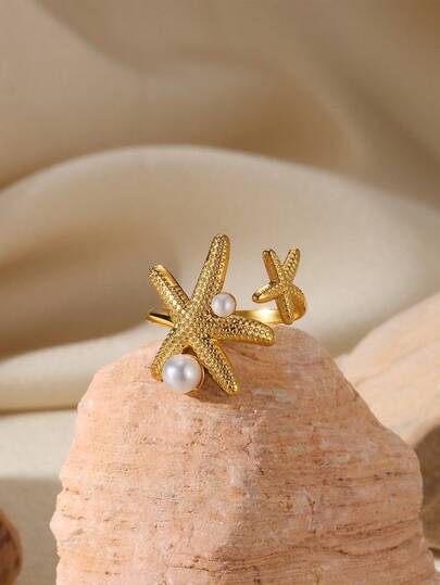 1 pieza Anillo de mujer de moda con estrella de mar de perlas falsas, color dorado de acero inoxidable ajustable, regalo de joyería para fiesta de playa de verano