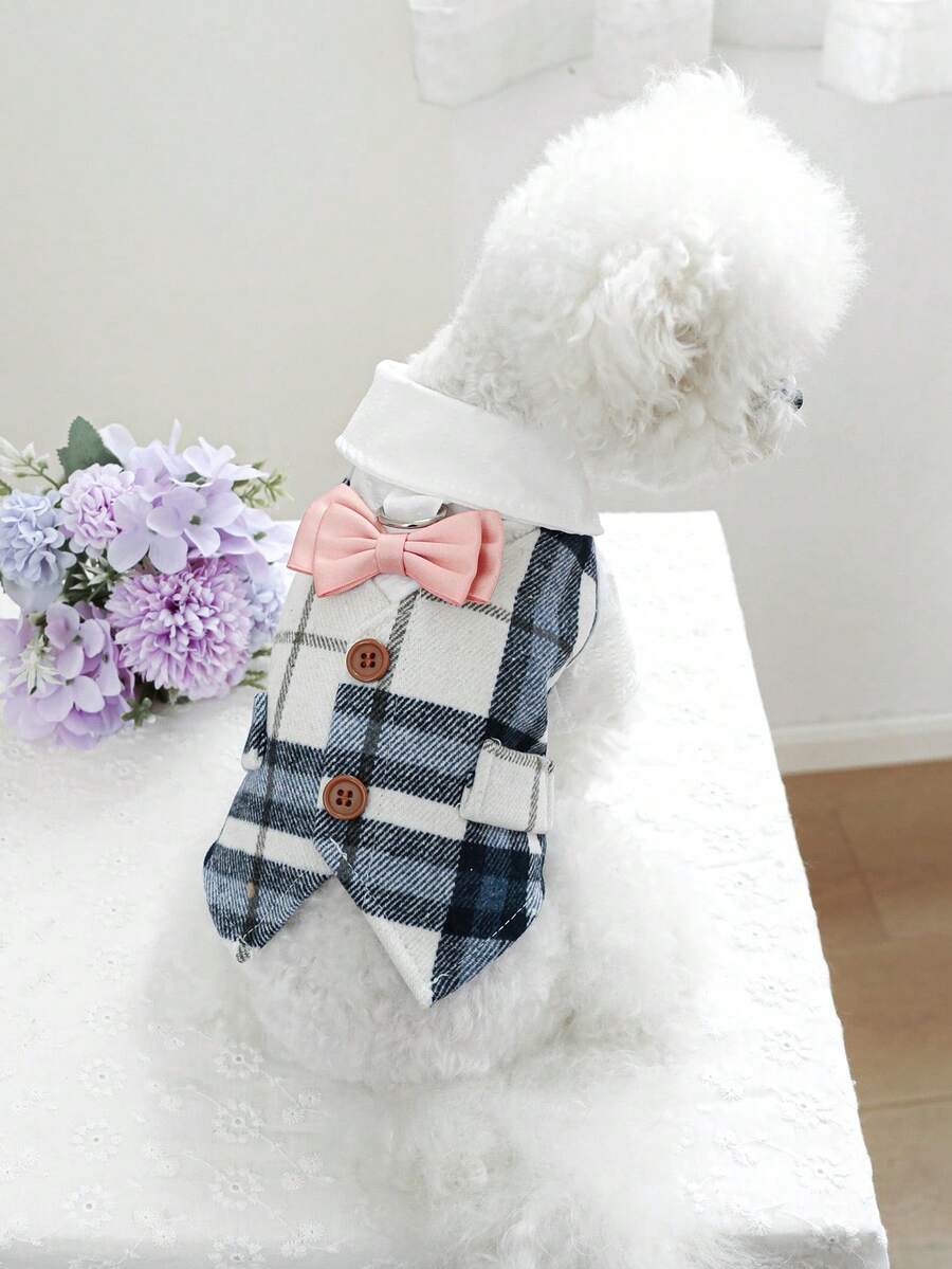 PETCIRCLE 1件寵物衣服 狗貓服裝套裝 比熊泰迪小型犬幼犬可愛寵物 春秋拍照禮服 藍色格紋燕尾服 - 彩色 - 查看 1
