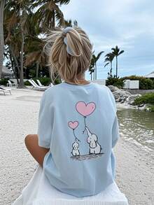 1件女童休闲爱心、气球、大象图案印花圆领短袖T恤，夏季学生少女装 - 激发想象力和自我表达，情人节快乐！ - 淺藍色 - 查看 7