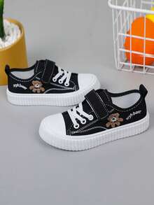 New Girls' Cartoon Pattern Low Top Skate Shoes, Fashionable Children Canvas Sneakers, Big Kids Hook And Loop Comfortable Running Shoes, Spring/Summer, Butterfly, Love, Valentine's Day - 黑色 - 查看 2