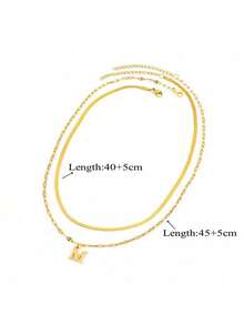 2 Stücke/Set einfache Halskette aus Edelstahl mit Initialen, Fischgrätenmuster, Lippengliederkette, geschichtete Ketten Halsketten für Frauen - Goldgelb - Übersicht 3