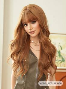7JHH WIGS 28 Inch Ginger Brown Wig, Luxurious Long Wavy Curly Hair With Bangs, Fluffy And Natural, Made Of Very Soft Heat-Resistant Synthetic Fiber, Fully Machine Curled, Suitable For Girls' Daily Wear, Music Festival Parties, Street Outfits, Anime Cosplay Or Costume Styling. - 黃色 - 查看 4