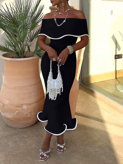 Women's Knitted Mermaid Maxi Dress: Solid Color Off-Shoulder Design, Contrast Trim, Ideal For Cocktail Parties, Galas And Formal Dinners