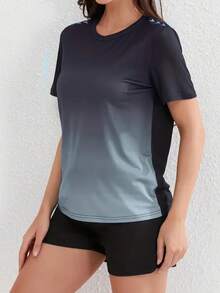 Women Ombre Color Sports T-Shirt, Gradient Color, Casual Athletic Tee, Short Sleeve, Quick-Dry, Breathable Fabric, Activewear, Running Top - Dark Green - View 1