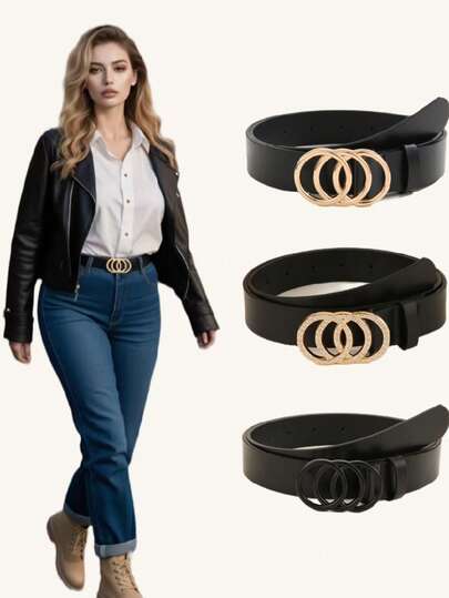 1pc Plus Size Women's Fashion Waist Belt With 3 Rings Buckle, Rhinestone Embellished, Black, Letter, Fine Texture, Coarse Texture, PU Leather, Casual & Versatile For Jeans, Dresses, Coats, Suitable For Various Occasions