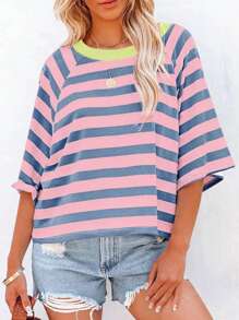 Casual Minimalist Striped Pattern Round Neck Short Sleeve Loose Women's T-Shirt, Suitable For Summer, Oversized T Shirt