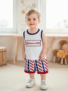 Toddler Baby Boy 4th Of July Outfit American Flag Embroidery Crew Neck Sleeveless Tank Tops And Shorts 2 Pcs Set Little Kids Fourth Of July Clothes - Blue - View 1