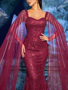 Faeriesty 高级魅力优雅华丽的串珠亮片晚礼服，珍珠点缀披肩袖 - 美人鱼轮廓和落地拖裙，适合红毯活动、豪华婚礼、晚宴和艺术画廊开幕式 - 酒紅色 - 查看 6