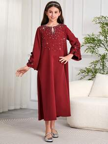 Tween Girls' Fashionable Beaded Embroidery Floral Loose Long Sleeve Robe, Gown - Burgundy - View 3