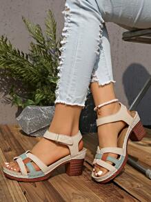Women's Fashion High Heel Sandals, Color Block Patchwork Upper, Stylish & Elegant Holiday Vibes, Massage Insole, Adjustable Strap, Non-Slip Chunky Heel High Heel Sandals