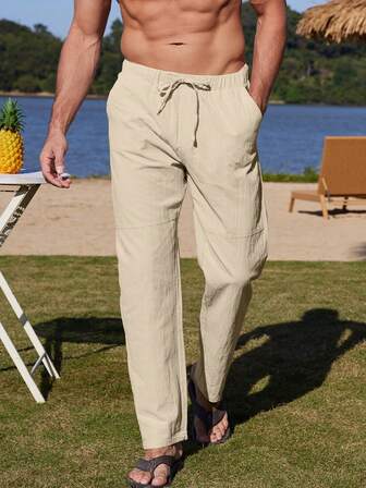 Pantalones largos de lino informales con cordón, otoño