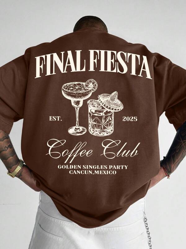 Men's Simple Coffee Wine Glass Print Round Neck Short Sleeve T-Shirt, Coffee Colored, Summer
