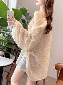 杏色长袖轻薄宽松女式夏季开衫防晒上衣