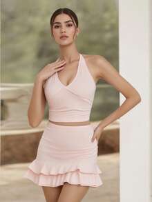 Women's Dress Slim Sleeveless Strapless Hanging Neck Solid Color Daily Basics Set Lace Up Backless Tank Top Dating Vacation Shopping Street Photography Club Wear Fashion Spring Summer With Ruffle Mini One-Piece Dresses Summer Sets