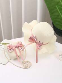 2 pièces/ensemble Chapeau de paille et sac pour enfants, chapeau de soleil de plage à nœud en ruban fleuri, respirant pour une protection quotidienne et de plage