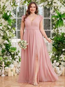 UNITHORSE 加大码深 V 领露肩礼服，腰部褶皱侧开衩，大码连衣裙，优雅女士连衣裙、晚礼服、伴娘礼服