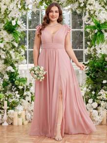 UNITHORSE UNITHORSE Plus Size Deep V-Neck Strapless Gown With Pleated Waist Side Slit And Large Dress Elegant Women's Dress, Evening Dress,Bridesmaid Dress