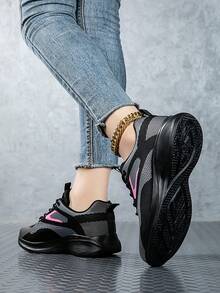 Plus Size Women Breathable Mesh Casual Shoes, Soft Sole Soft Surface Running Shoes, Women's Sports Sneakers, Fashionable Lightweight Comfortable Flats, Women's Jogging Sneakers, Women's Black Walking Shoes, Women's Road Running Shoes, Women's Fashion Travel Shoes, Women's Colorblock Sports Shoes, Women's Casual Sneakers - Black - View 5